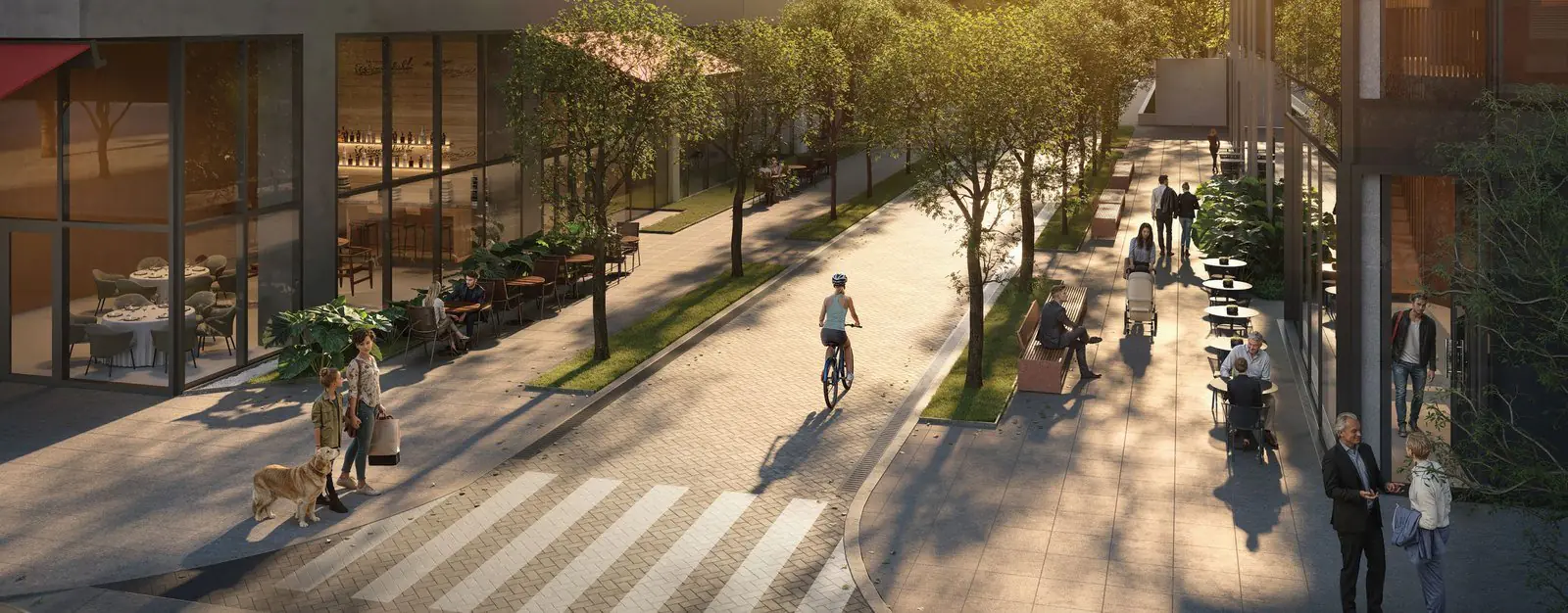 O boulevard ao entardecer do 177 Jerônimo, no Itaim Bibi (perspectiva ilustrada)