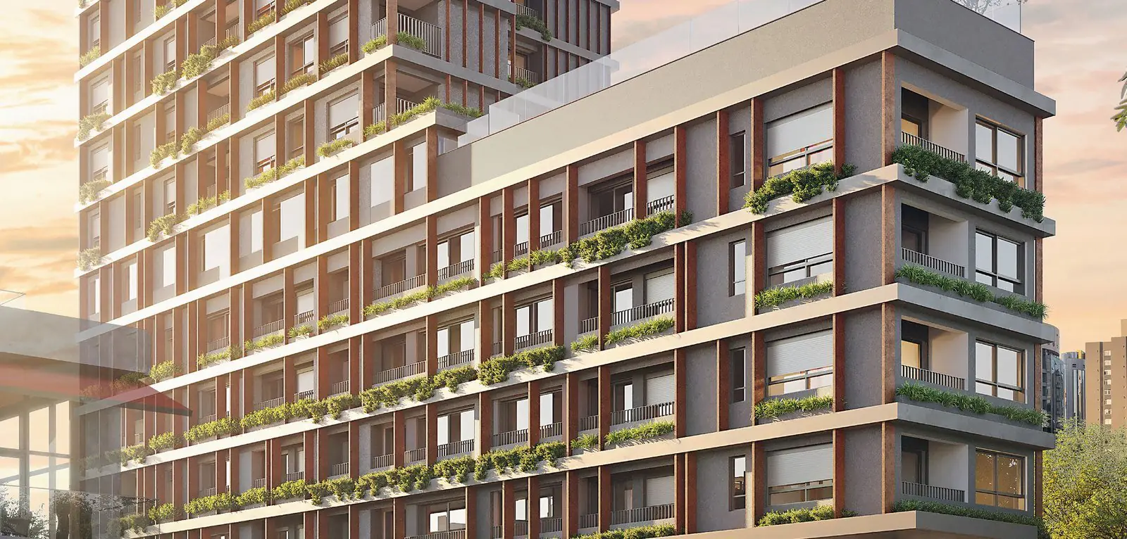 Fachada do 177 Jerônimo com brises cor corten e floreiras, no Itaim Bibi (perspectiva ilustrada)
