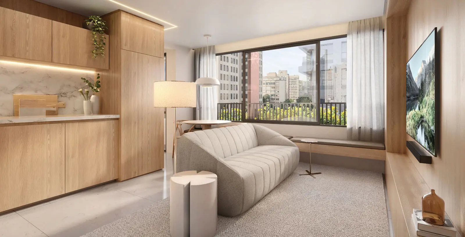Living de boutique apartment de 43 m² do 177 Jerônimo, no Itaim Bibi (perspectiva ilustrada)
