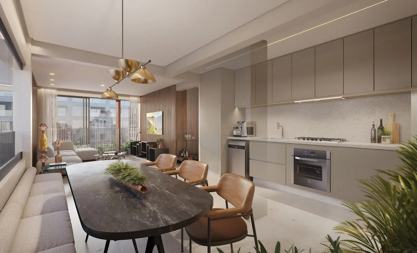 Living e cozinha · 95 m² do 177 Jerônimo, no Itaim Bibi (perspectiva ilustrada)