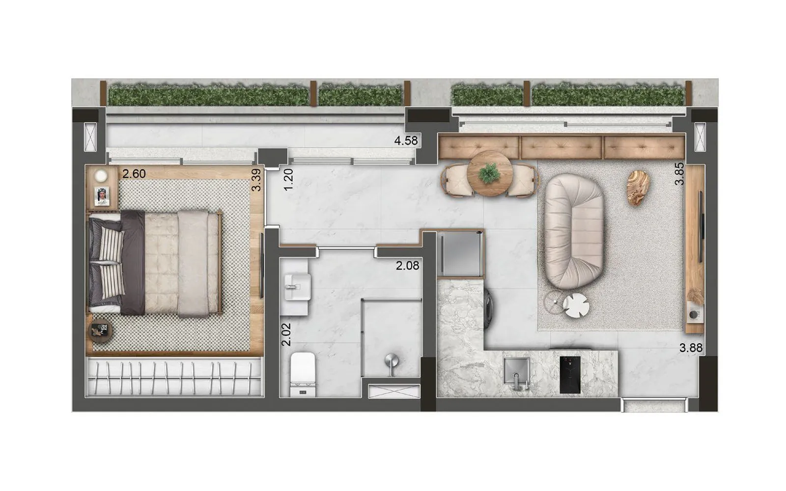 Planta de Boutique do 177 Jerônimo, 43 m² · 1 dormitório (ilustrativa)